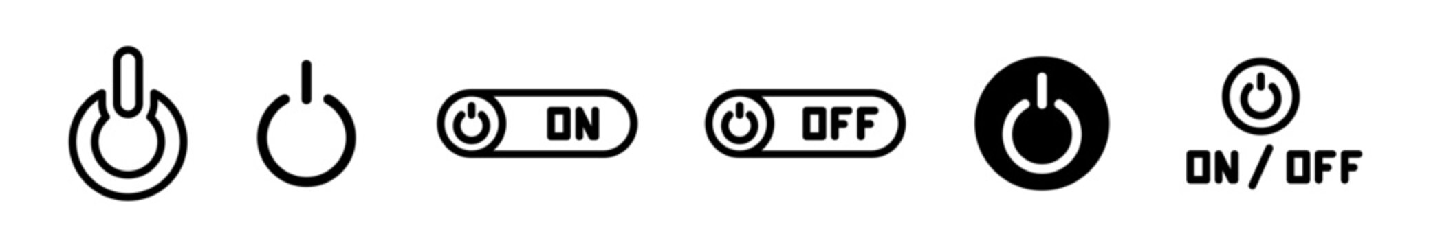Pack de iconos de botones de encendido y apagado. Control de energ&iacute;a, activaci&oacute;n del sistema y estado operativo. Dise&ntilde;o vectorial lineal