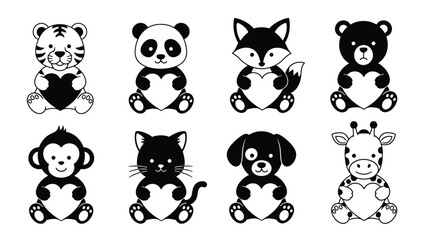 Adorable cartoon animals holding hearts, perfect for expressing love and affection