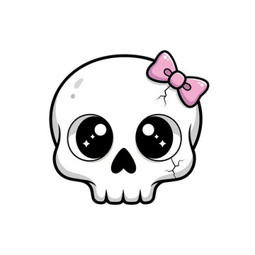 Whimsical cartoon skull with cute big eyes and a pink bow