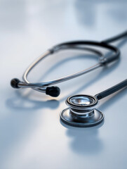 Modern medical stethoscope resting on a reflective surface symbolizing healthcare and clinical practice equipment in a professional environment