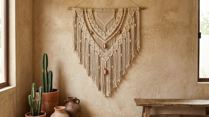 traditional macrame wall art on a textured concrete wall