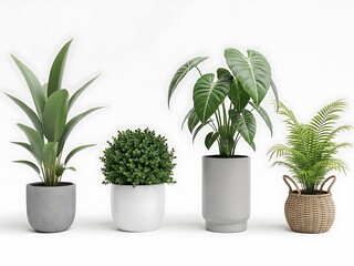 Four Green Indoor Plants in Different Pots on White Background green plants potted plants 1