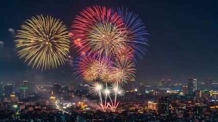 Fireworks lighting up the sky at the turn of the year, colorful explosions, city in the background, magical atmosphere, clear night, cinematic photography, high definition, intense colors.