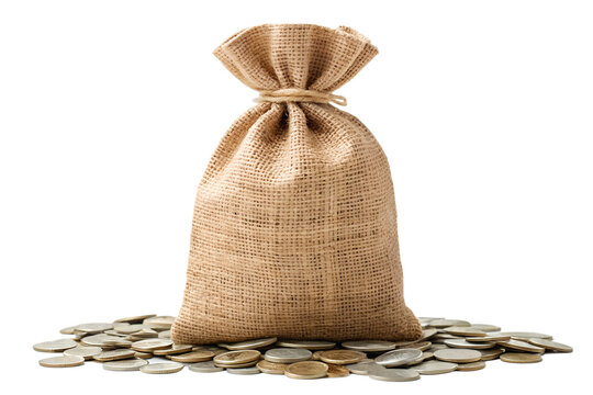 Burlap Money Bag with Coins Isolated on White