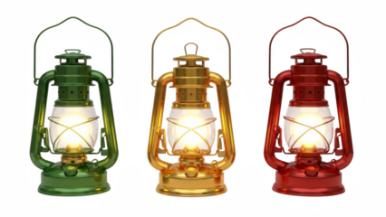 Vintage colorful lanterns in green, gold, and red with glowing lights