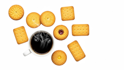 Steaming cup of coffee surrounded by delicious assorted biscuits