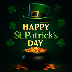 Happy st patricks day greeting with leprechaun hat and pot of gold