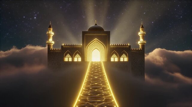 Celestial sanctuary, bathed in divine light, floating above ethereal clouds. A shimmering path ascends to its grand entrance under a starry night sky, inspiring spiritual journey