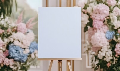 Blank white board on easel with blurred flower decor for event or presentation