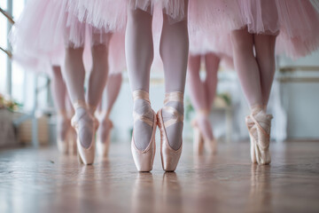 Young ballet dancers wearing pink tutus and pointe shoes practicing graceful steps on wooden floor in a bright dance studio during rehearsal session
