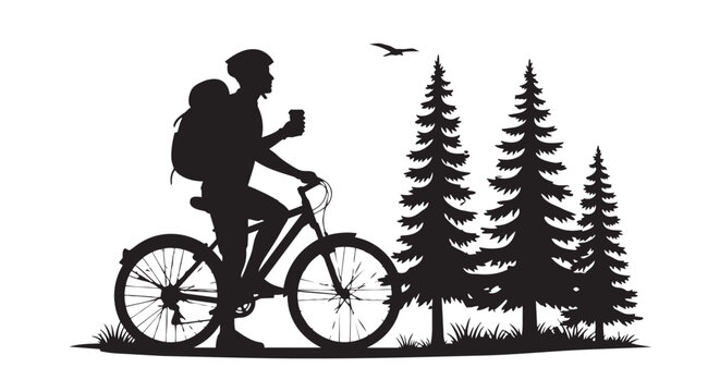 A lone cyclist takes a refreshing break amidst a serene pine forest with a bird flying overhead - Powered by Adobe
