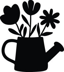 Silhouette of a watering can with three blooming flowers simple vector illustration for gardening and spring concepts isolated on white background