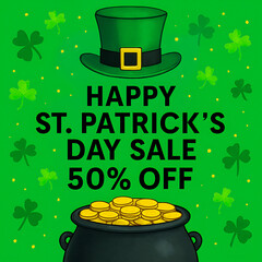 St patricks day sale promotion with leprechaun hat and pot of gold