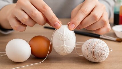 hands wrapping white eggs with thread for traditional dyeing, for holiday blogs, culinary websites, easter greeting cards, stationery design, educational presentations on folk customs