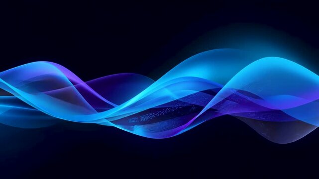 Flowing translucent blue and purple wave ribbons layered across a smooth black digital background