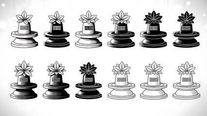 Ten stylized black and white whisk with floral tops on circular bases