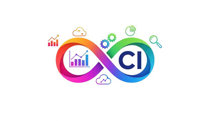 Vibrant infinity symbol with CI and business icons on black background