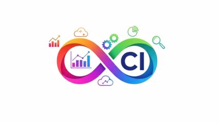 Vibrant infinity symbol with CI and business icons on black background