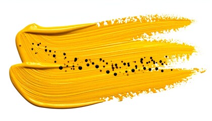 A golden yellow brushstroke with dark speckled dots on a white background