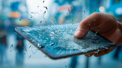 Human hand pressing and shattering the screen of a digital tablet with fragmented glass flying in a busy urban setting background