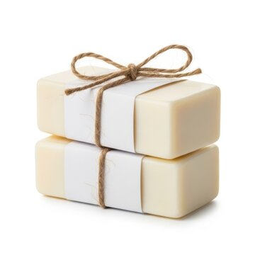 Handcrafted soap bars tied with natural twine isolated on white background