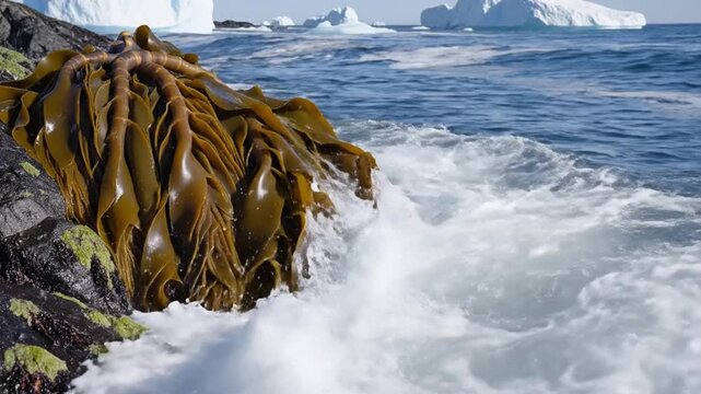Close up of brown seaweed on a coastal rock with ocean waves and icebergs in the background during daylight