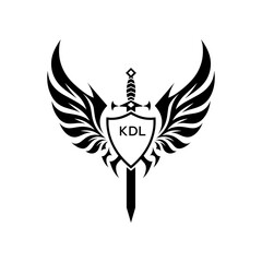 Obraz premium Winged Sword and Shield Logo with Letters, Heraldic Emblem, Black and White Vector Design, KDL Later Logo, 