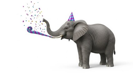 Obraz premium Realistic 3D Render Elephant Mascot in Party Hat Blowing Noise Maker with Confetti isolated PNG with Transparent Background