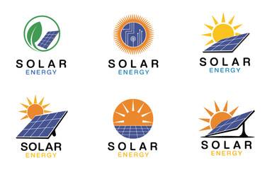Naklejka premium green energy logo design template sun solar icons vector set renewable eco-friendly power sustainable energy company illustration and branding concept.