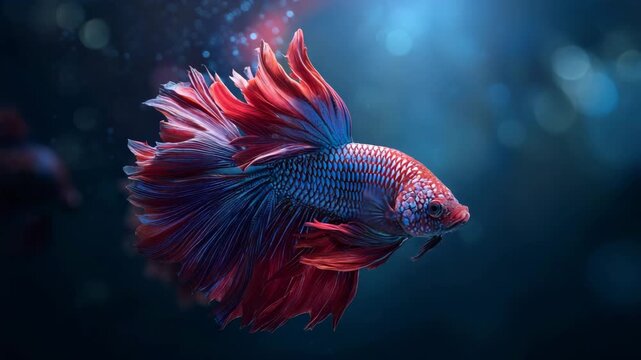 Vibrant red and blue betta fish swimming in dark water with bokeh lights