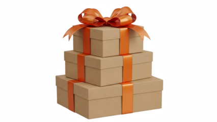 Elegant brown gift boxes wrapped with vibrant orange ribbons and bow