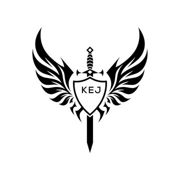 Winged Sword and Shield Logo with Letters, Heraldic Emblem, Black and White Vector Design, KEJ  Later Logo,
