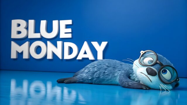 A blue seal with glasses relaxing representing the blue monday feeling