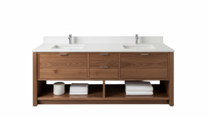Modern wooden bathroom vanity with double sink and drawers