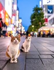 Two cats sit on a city street at night