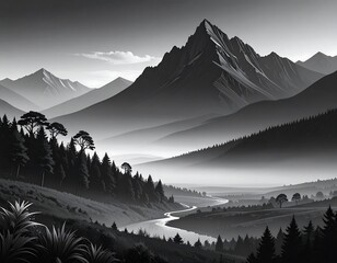 Monochrome mountain valley landscape