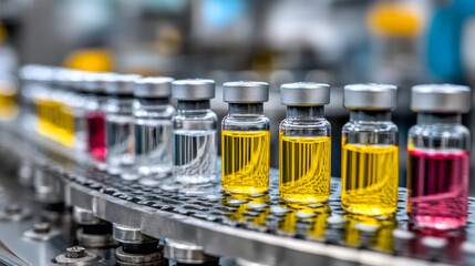 Vials filled with colorful liquids moving along a conveyor belt during pharmaceutical production in a modern factory setting with vibrant reflections