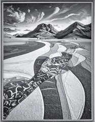 Monochrome landscape with winding river