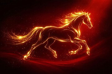 Abstract Glowing Fire Horse Galloping with Golden Light Trails on Red Background