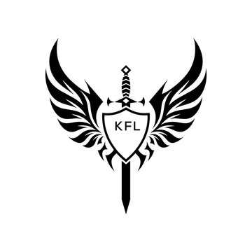 Winged Sword and Shield Logo with Letters, Heraldic Emblem, Black and White Vector Design, KFL  Later Logo,
