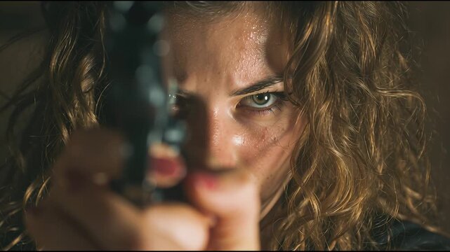 Intense Focus During Target Practice With a Gun at a Shooting Range in a Dimly Lit Setting