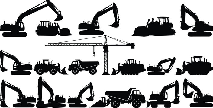 Construction heavy machinery silhouette set featuring excavators, bulldozers, loaders, dump trucks, and crane equipment for industrial design use