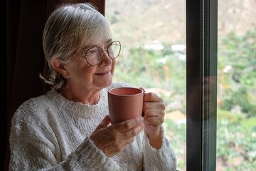 Smiling pensive senior woman holding a coffee or tea mug looking out of the window, elderly dreamer enjoying a relaxed moment