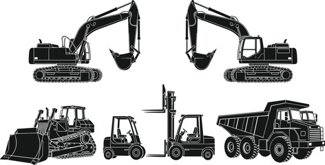 Heavy construction machinery silhouette set with excavators, bulldozers, forklifts, dump trucks, and industrial equipment for engineering and mining illustration use © KagenChandro