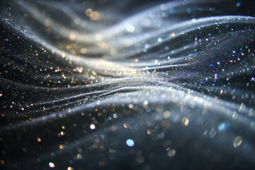 Shimmering waves of fine glitter and delicate fabric folds creating a dreamy, sparkling abstract background with soft light reflections and bokeh effects