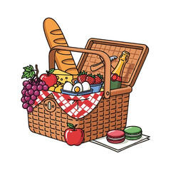 Picnic basket with food and fruit, perfect for spring outings and gatherings.