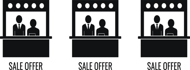 Sale offer counter icon set illustrating retail booths with sales staff silhouettes for promotion, marketing, exhibition, and customer service concept design