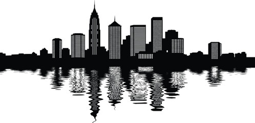 Fototapeta premium Urban city skyline silhouette with skyscrapers reflected on water surface, modern downtown panorama illustration for architecture, travel, and business design use