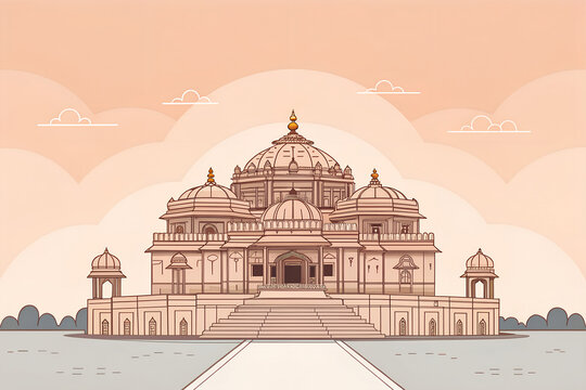 Minimal Akshardham Temple, smooth vector curves, pastel sandstone colors