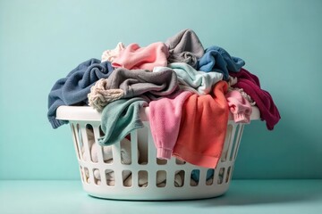 A overflowing laundry basket piled high with wrinkled clothes, socks, and towels A chaotic mess of unwashed fabrics, representing the need for laundry day , socks, home